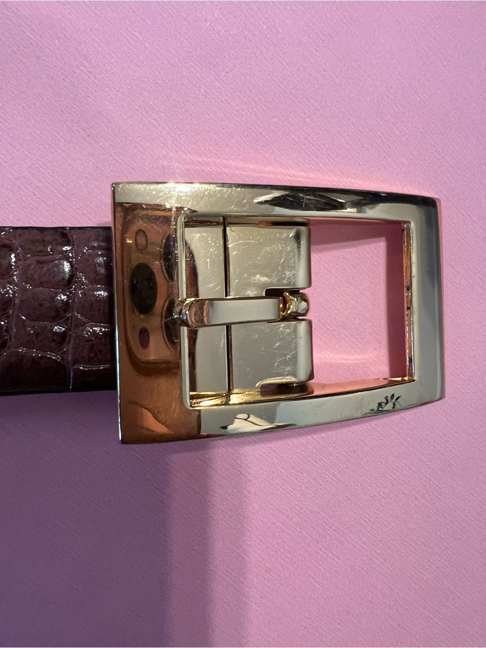 Brown Croc-Embossed Leather Belt with Gold Buckle - Picture 5 of 15